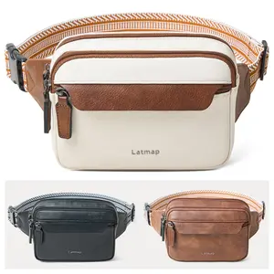 LATMAP 3L Fanny Packs, Versatile Crossbody Bags for Women Men, Everyday Purse Shoulder Bag, Vegan Leather Chest Sling Belt Waist Pack Small Zipper Bum Bag for Travel Essentials Running, Adjustable Waistband Bag Beige, Gift for Her Mom Summervibes