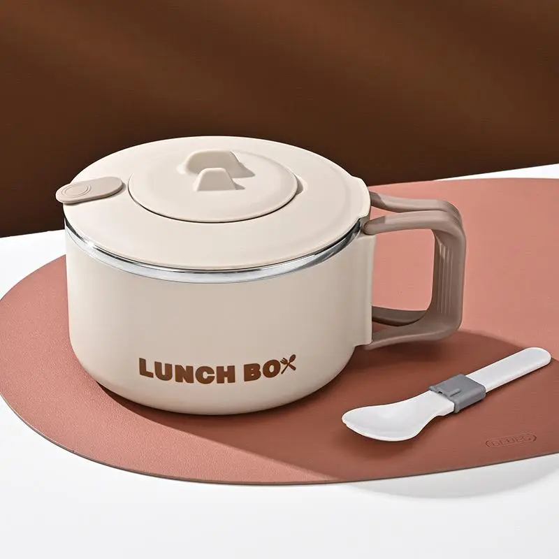 Large Capacity Lunch Box with Lid, 1 Count Stainless Steel Noodle Soup Bowl with Handle, Kitchen Dining Tableware Picnicware for Home Office Dormitory Picnic
