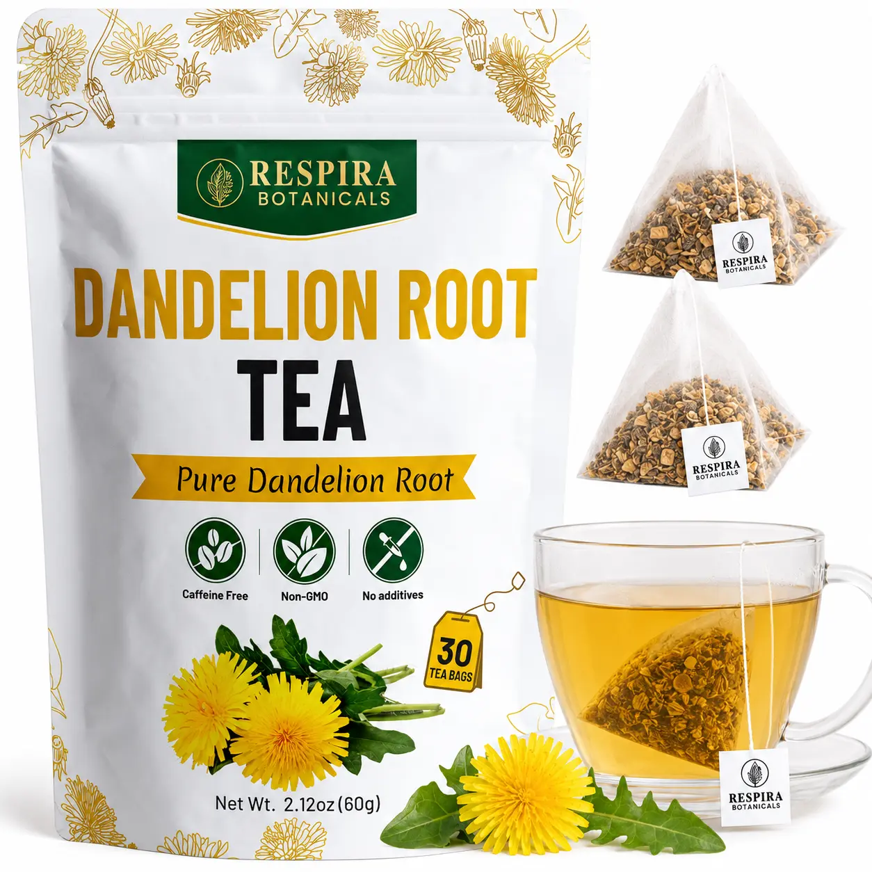 Dandelion Root Tea - Liver & Digestive Support | Plastic-Free Tea Bags, String and Tag (30 pack)