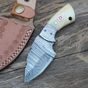 Handmade Mini Skinner Damascus Steel Knife - Camel Bone Handle - 5.5" Full Tang