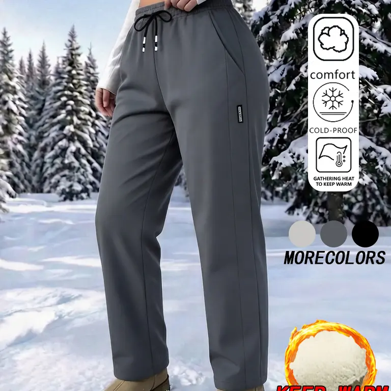 Women's Autumn Winter Fleece-Lined Warm Straight-Leg Slim Bottoms - Outdoor Windproof Cold-Resistant Casual Sports Pants with Elastic Waistband, Bottom