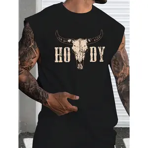 Men's Summer Sports Casual Bull Skull Printed Tank Top Sleeveless Graphic Black Workout Streetwear Cotton Fathersdaygift