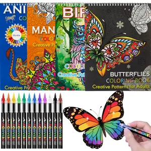 Birds Animals Mandala Butterfly Coloring Book Set - With 12 Colors Acrylic Markers Stress Relief & Relaxation,Coloring Books for Adults to Relax and Relieve Anxiety - Top Spiral Binding is Easier to Use
