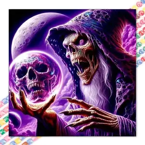 1 DIY diamond painting kit, 5D diamond art set, DIY decoration, skull mage, crystal ball. Full round diamond diamond painting kit, mosaic, diamond art, DIY art home decoration, suitable for Christmas.