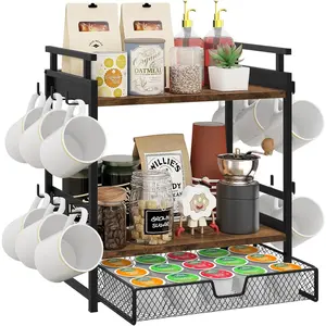 3 Tier Countertop Coffee Bar Organizer, Coffee Station Organizer with 12-Hook Mug Cup Holder Stand, K Cup Storage Drawer, Tea Organizer Accessories for Home Office