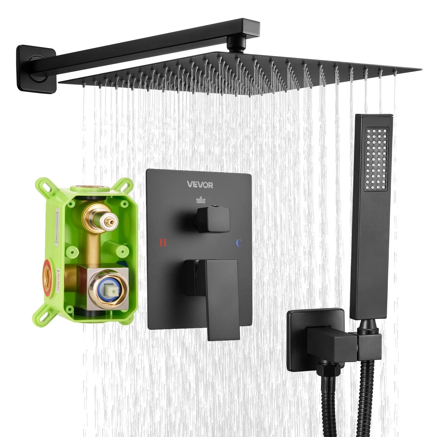 【BackToSchool】VEVOR Shower Faucet Set, Rainfall Bathroom Shower System with 12-Inch Square Rain Shower Head and Handheld Spray, Wall Mounted Bath Fixtures with Brass Valve and Trim Kit, Matte Black
