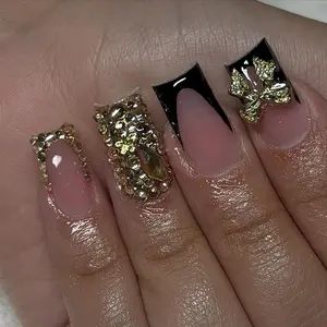 Bow Decor Fake Nail, Rhinestone Decorated Butterfly, 24pcs Fashion Press on Nails for Women & Girls Diy Nail Art, Elegant Stick on Nails Kit Nail