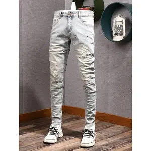 Autumn Light-colored Ripped Jeans New Men's Trendy Brand Spray Paint Retro Old Scratched Patch Luxury Men's Pants