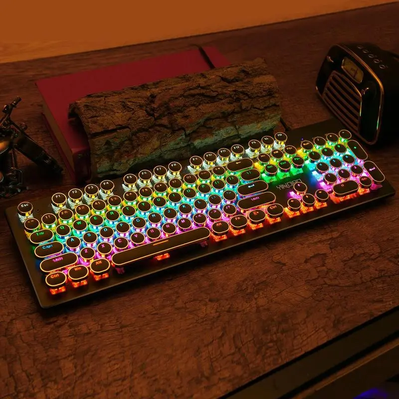 Wired Mechanical Gaming Keyboard - Punk Round ABS Keycaps, Tactile Blue Switches, RGB Backlight, Ergonomic, Full-Size KB, Metal Body, Adjustable Speed, USB Plug-and-Play, Multi-OS Compatible Gamer PC Accessory with Custom Setup