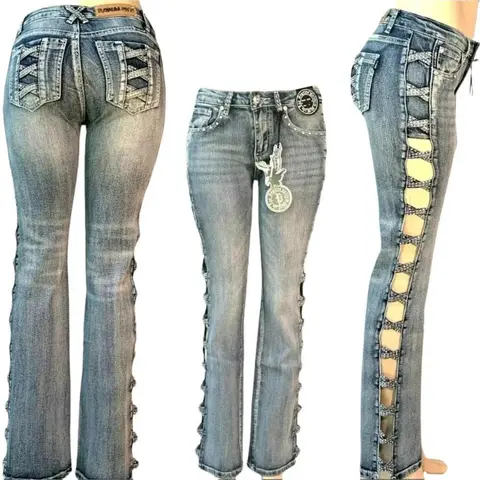 Tripple X Bling Jeans Criss-Cross Cut-Out Ladies Denim 5 Pocket Stretch Jean Plus Size Rhinestone vintage Rock midwaist  Womens Bottom retro boot Comfort Pants