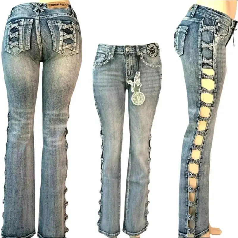 Tripple X Bling Jeans Criss-Cross Cut-Out Ladies Denim 5 Pocket Stretch Jean Plus Size Rhinestone vintage Rock midwaist Womens Bottom retro boot Comfort Pants