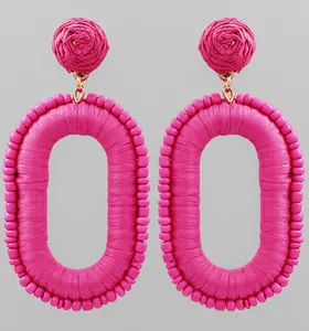 Beaded Open Oval Raffia Earrings
