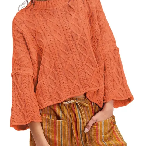 Ebossy Women's Minimalist Cropped Cable-Knit Crewneck Long-Sleeve Pullover Tops for Women - Basic Soft Fabric Ribbed Knit Crop Top, Oversized Loose Casual Clothing