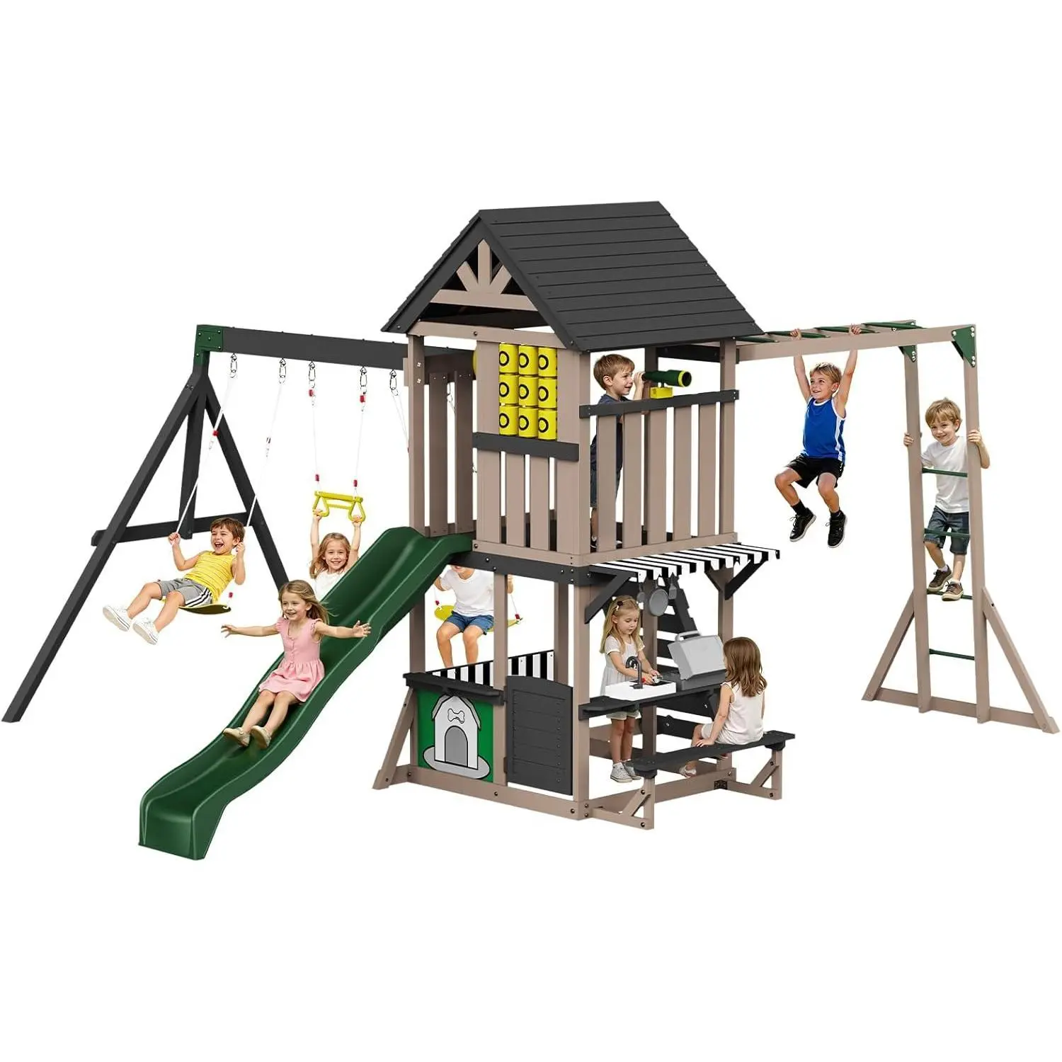 POUITAlbott Wooden Swing Set for Kids, Outdoor Playset with Playhouse | 11-in-1 Backyard Playground, Wave Slide, 2 Swings, Climbing Wall, Monkey Bars, Ages 3–8, 200"D × 161"W × 114"H