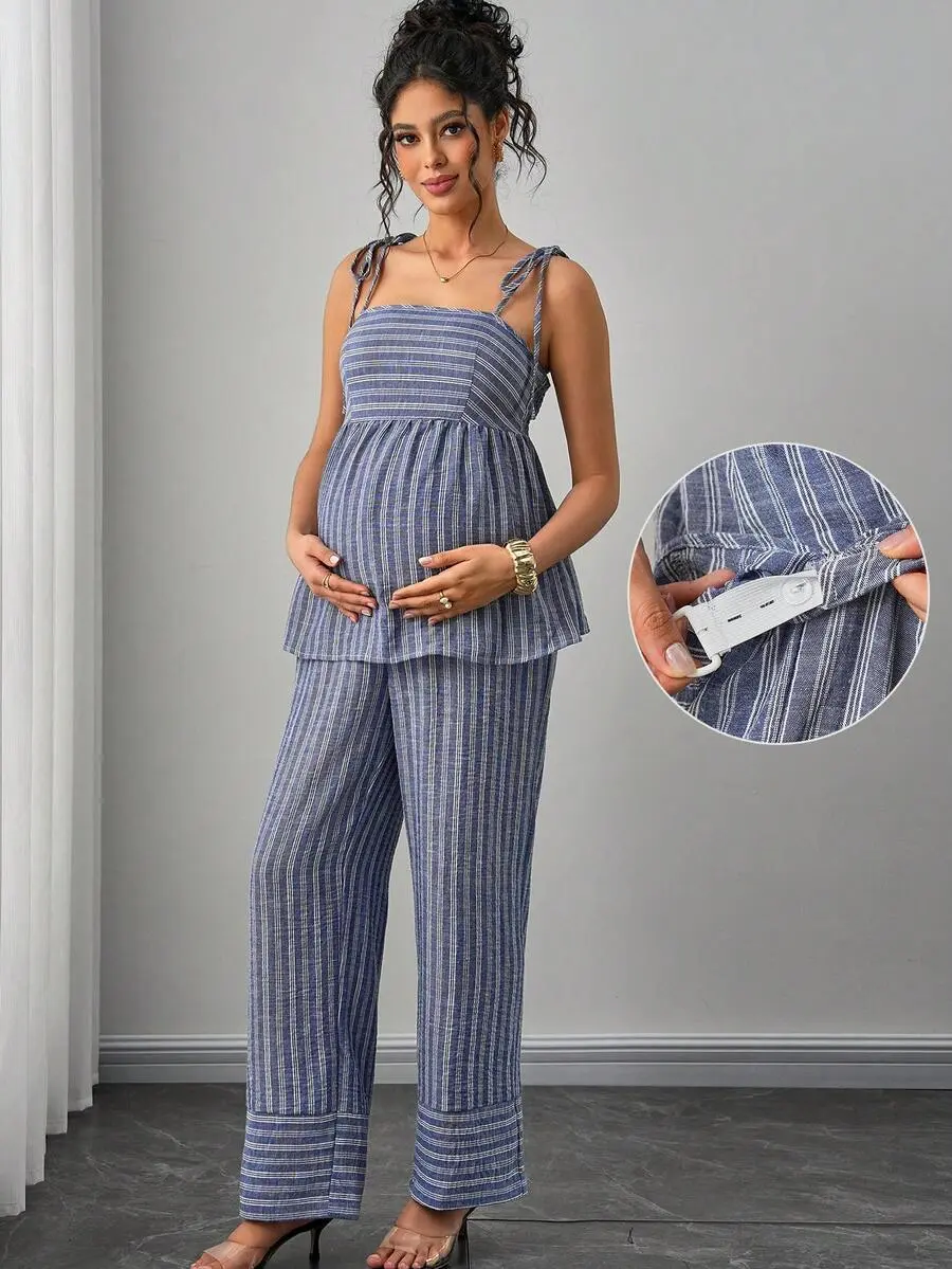 NANCY Maternity Women's Casual Vacation Minimalist Striped Country Style Blue Tie Strap Camisole + Loose Wide-Leg Pants Maternity 2-Piece Set