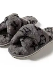 Women's Four-Leaf Clover Cross Open Toe Slippers, Fall & Winter Faux Rabbit Fur, Casual Comfortable Footwear for All Seasons, Fuzzy Warm Slippers