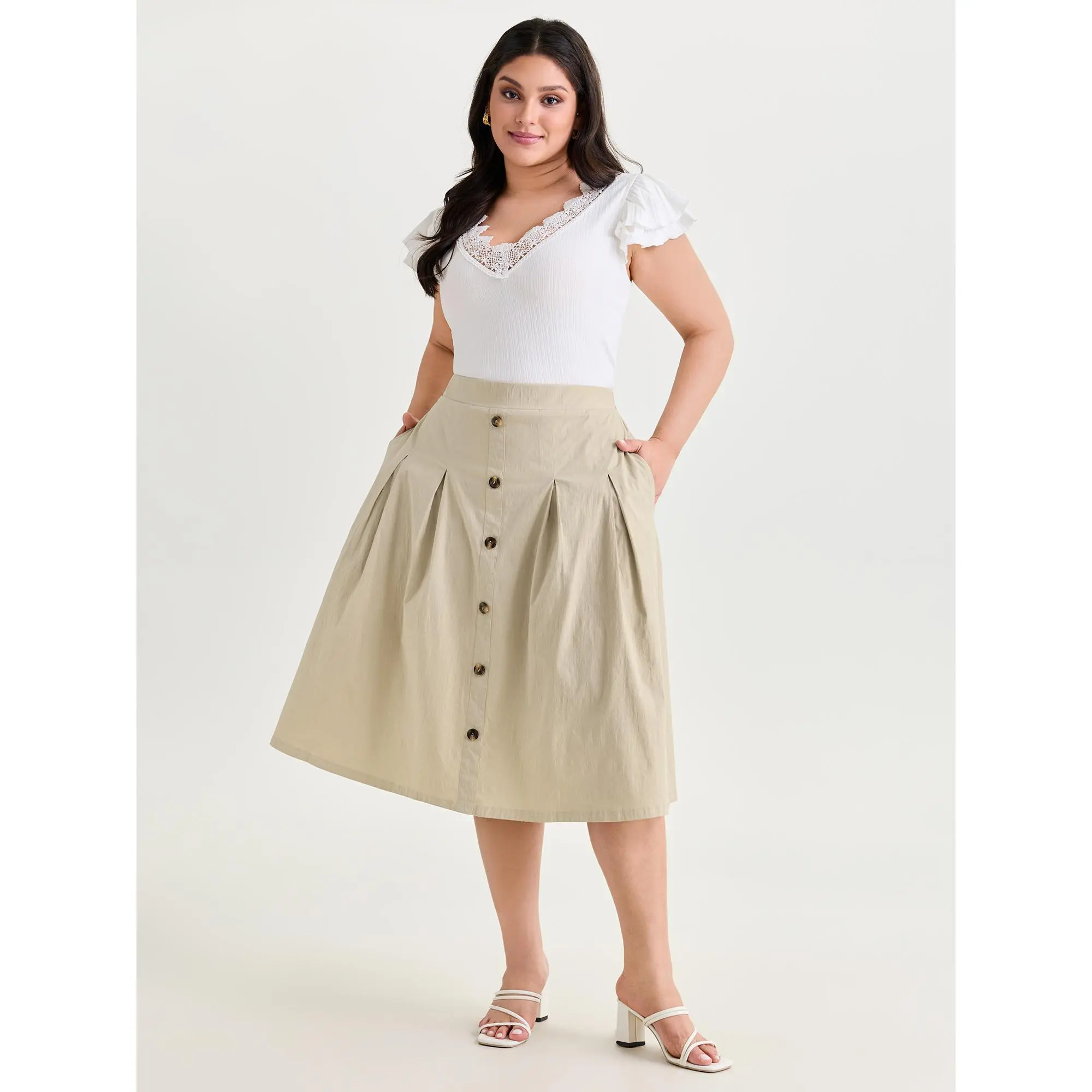 BLOOMCHIC Women's Plus Size Cotton Button-Detail Pleated Solid Midi Skirt - Casual, Smooth Fabric Bottoms with Pocket [M-6X]  Summerfinds