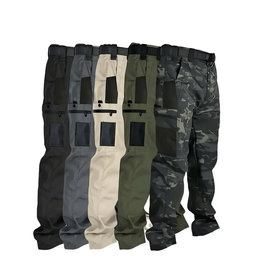 Men’s tactical cargo pants with multiple pockets, tear-resistant fabric, outdoor hiking work pants, casual street-style men’s trousers, suitable for all seasons, ideal for everyday wear and camping.