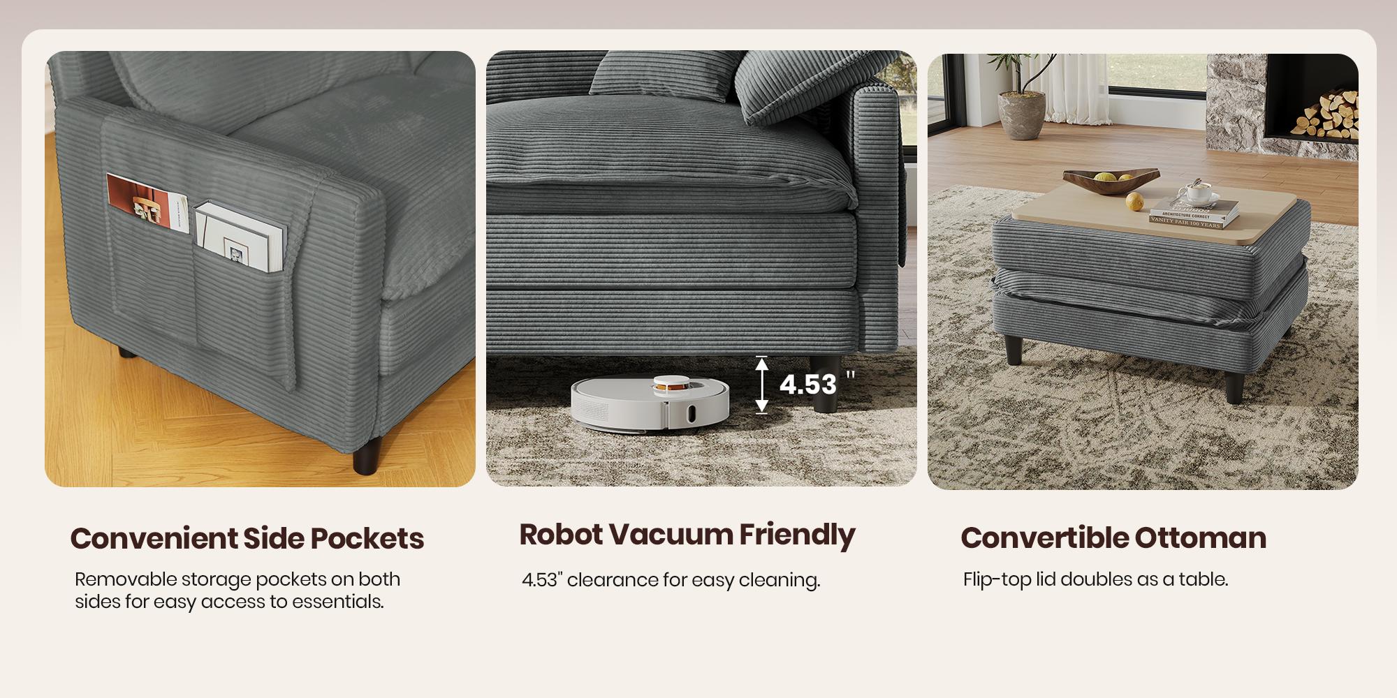 [2-3 Packages Shipping] Copiae 108" -143.7” L/U-Shaped Modular Cloud Sofa, Movable Dual-Function Ottomans Convertible to Coffee Table, Corduroy Sectional Couch with Three-Layer High-Resilience Foam Cushions, Easy Assembly for Apartment