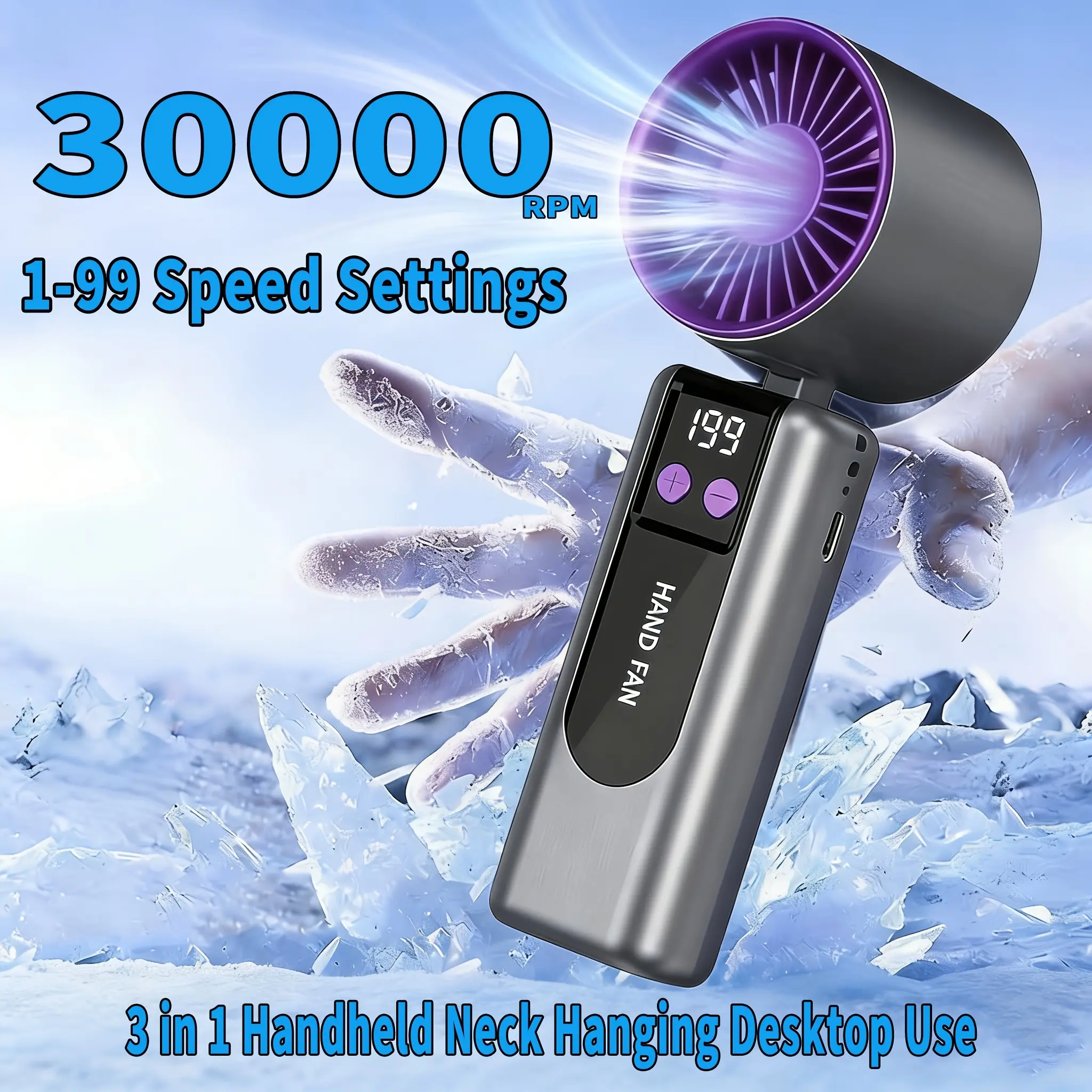 2026 upgraded model foldable handheld fan, portable high-speed charging 1800mAh mini turbo fan, with digital display, 1-199 speed settings, suitable for women and men for travel, camping, outdoor activities, and office use, a personal small portable fan,