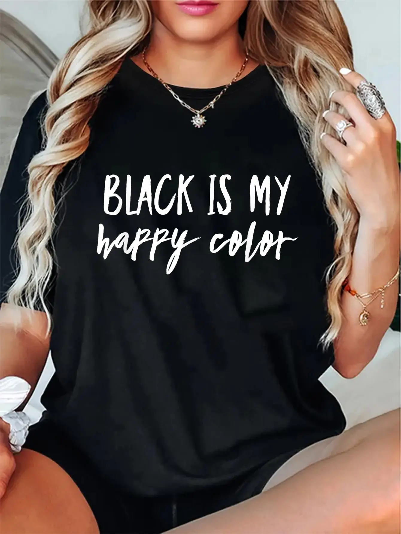 Women's Streetwear Graphic Top, Funny "Black Is My Happy Color" Slogan Print, Vintage Emo Style 100% Cotton Shortsleeve, Casual, Tshirt