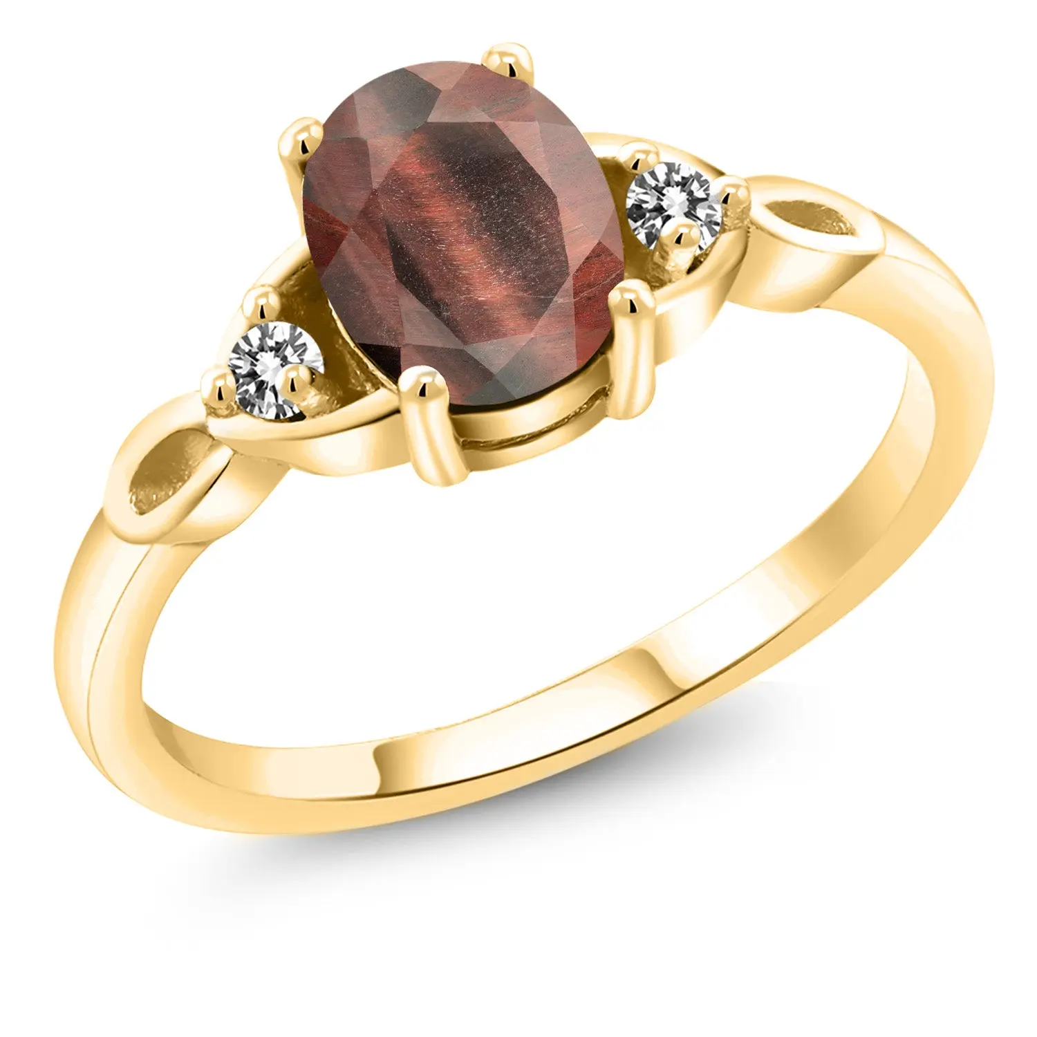 18K Yellow Gold Plated Silver Gemstone Birthstone and White Created Sapphire 3-Stone Ring for Women | Oval 8X6MM with 2MM Round | Three Stone Wedding Anniversary Engagement Promise Ring | Sizes 5-9