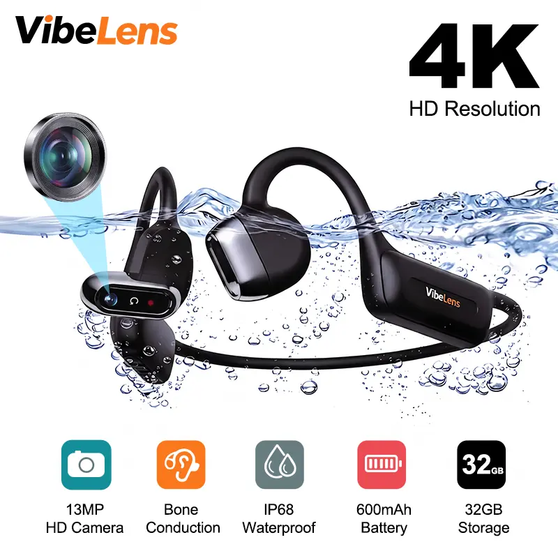 VibeLens Bone Conduction Headphones with 4K POV Camera, Hands-Free Camera Headphones with 6-Axis Image Stabilization, 32GB Built-in Memory, Open-Ear Bluetooth Sports Headset, Offline Music Playback, IP68 Waterproof for Swimming, Cycling and Travel