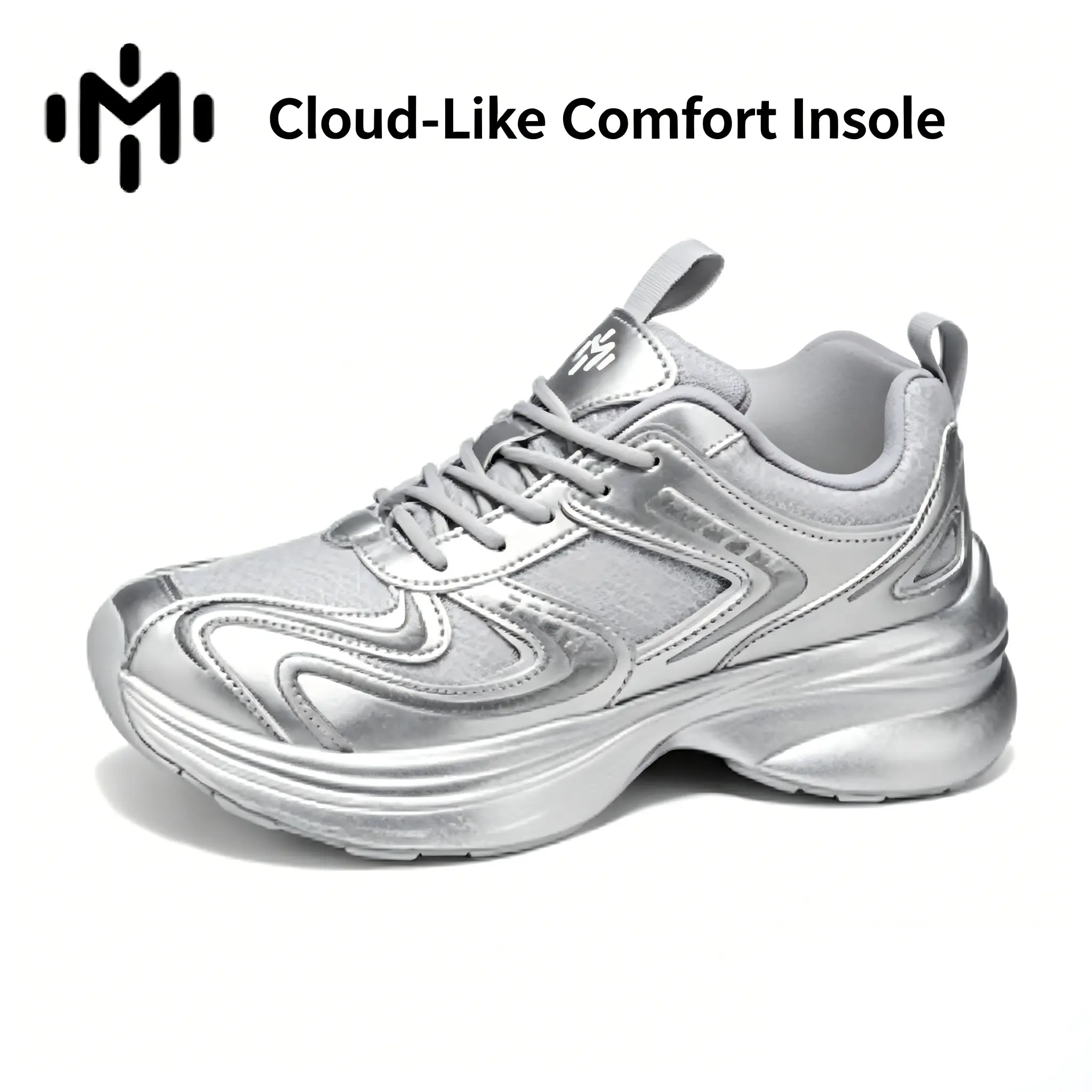 Men’s White Silver Mesh Upper Lace-Up Chunky Active Casual Trainers - Shock-Absorbing Platform Sneakers, Breathable Lightweight Sporty Chic Footwear with Metallic Accents, Breathable Liner, Rubber Sole for Gym Training, Outdoor Wear, City Walking