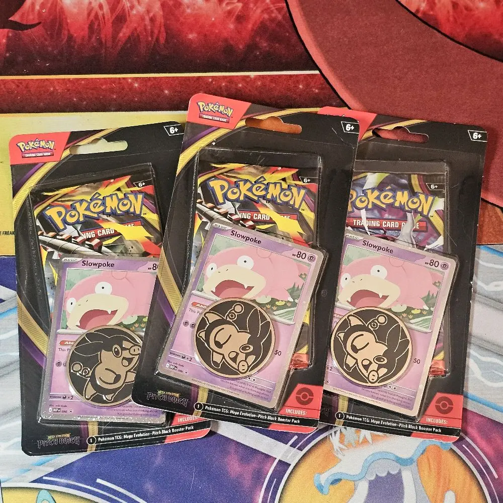Pokemon tcg base set mega evolution checklane blister booster pack sealed great gift for trading card game enthusiasts and collectors! Comes with coin and Slowpoke promotional card!