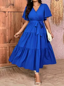 Plus Size Women's Dress, Waist Cinched Belted Flared Hem, Casual Vacation Deep V Neck Blue Spring Summer, Party