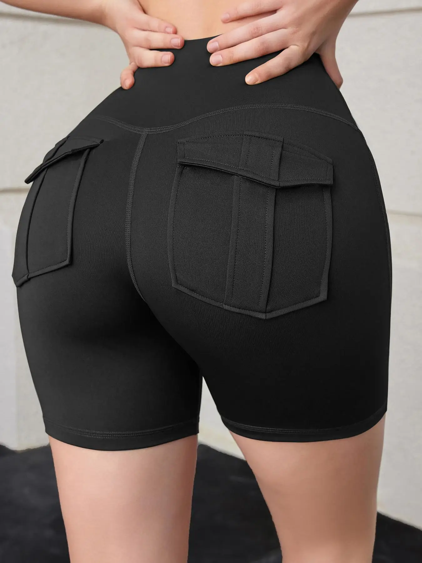 Women's Plain High Waist Flap Pocket Sports Shorts, Gym Shorts, Sporty Casual Comfy Breathable Skinny Bottoms for Yoga Gym Workout Running, Ladies Sum