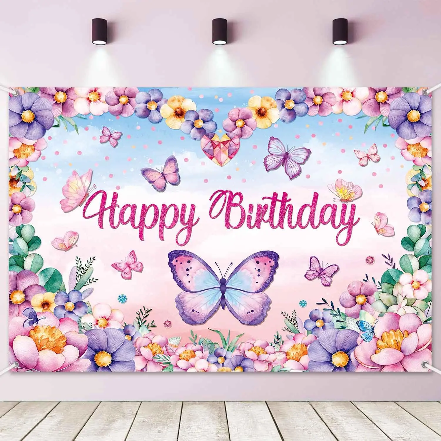 Butterfly Happy Birthday Banner Backdrop   Butterflies Birthday Party Decorations for Women Girls Spring Flower Butterfly Theme Photography Background Wall Decor 5x3ft