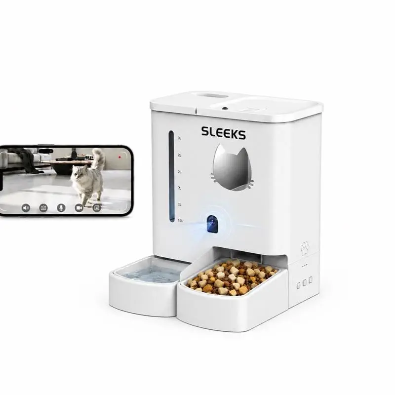 SLEEKS Automatic Cat and Dog Feeder-Water Dispenser Set with 2K Camera, 5G Wi-Fi, Night Vision, 2-Way Audio, App Control