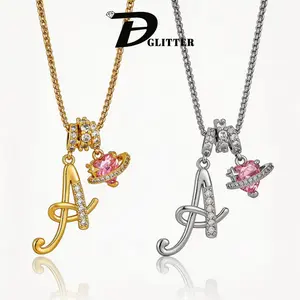 DH Initial Heart Necklace for Women Pink Cubic Pendant Letter Diamond  Plated Fashion Jewelry Gift for Holiday Christmas Birthdays Anniversaries