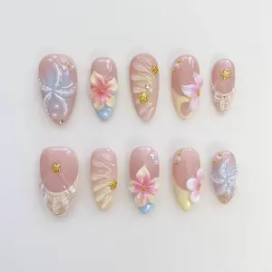 Starfish Bloom Elegance Press On Nails Short Almond Nails/Flower Nails/Yellow Nails/Spring Summer Nails/Shell Nails/Birthday Nails