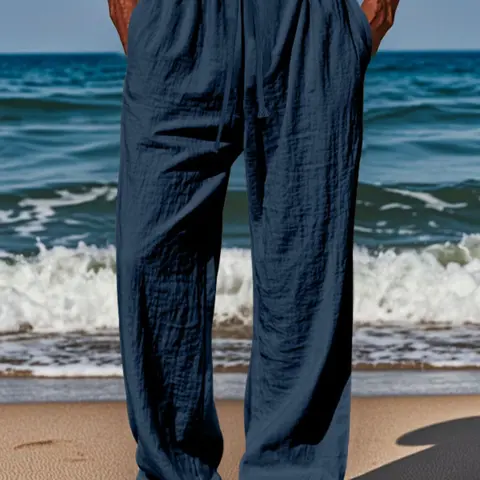 Men's Solid Color Pants, Casual Comfy Breathable Knitted Trousers for Summer, Men's Bottoms for Beach Vacation Daily Wear, Casual Fitted Trousers