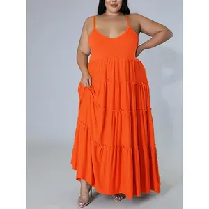 Plus Size Solid Layered Loose Fit Cami Maxi Dress, Women's Plus Sexy High Stretch Long Cami Dress