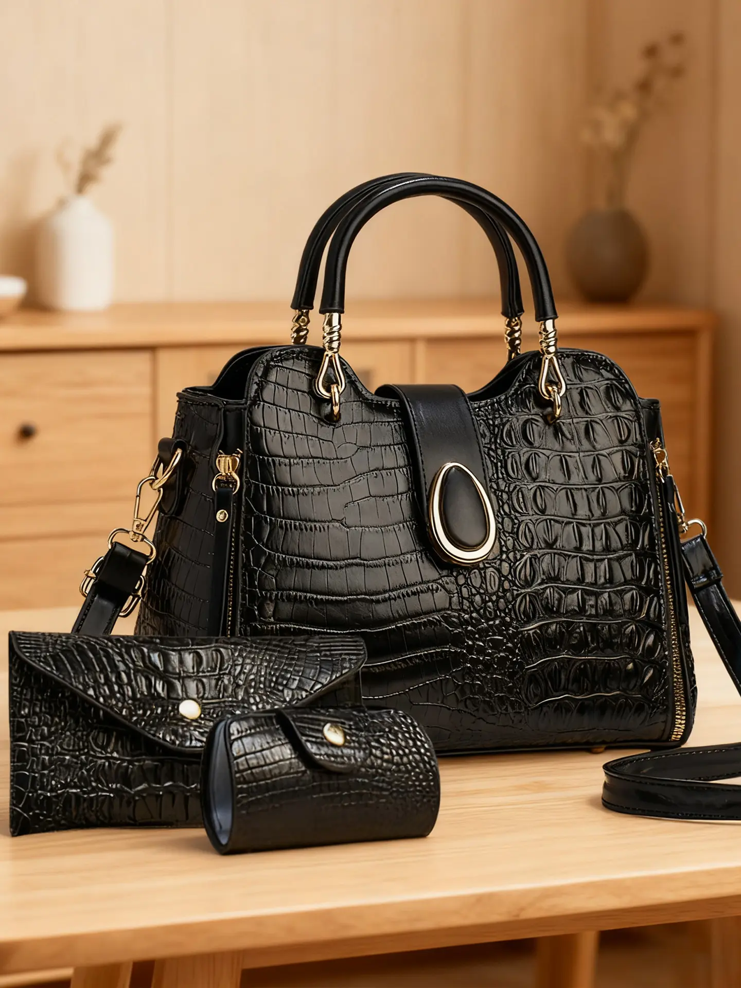 Women's Gradient Crocodile Pattern Satchel Bag, Premium Leather Commuter Handbag, Large Capacity Crossbody Bag, Handbag Set, Casual Commuting Handbag, Perfect Gift for Mom