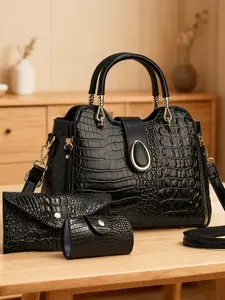 Women's Gradient Crocodile Pattern Satchel Bag, Premium Leather Commuter Handbag, Large Capacity Crossbody Bag, Handbag Set, Perfect Gift for Mom