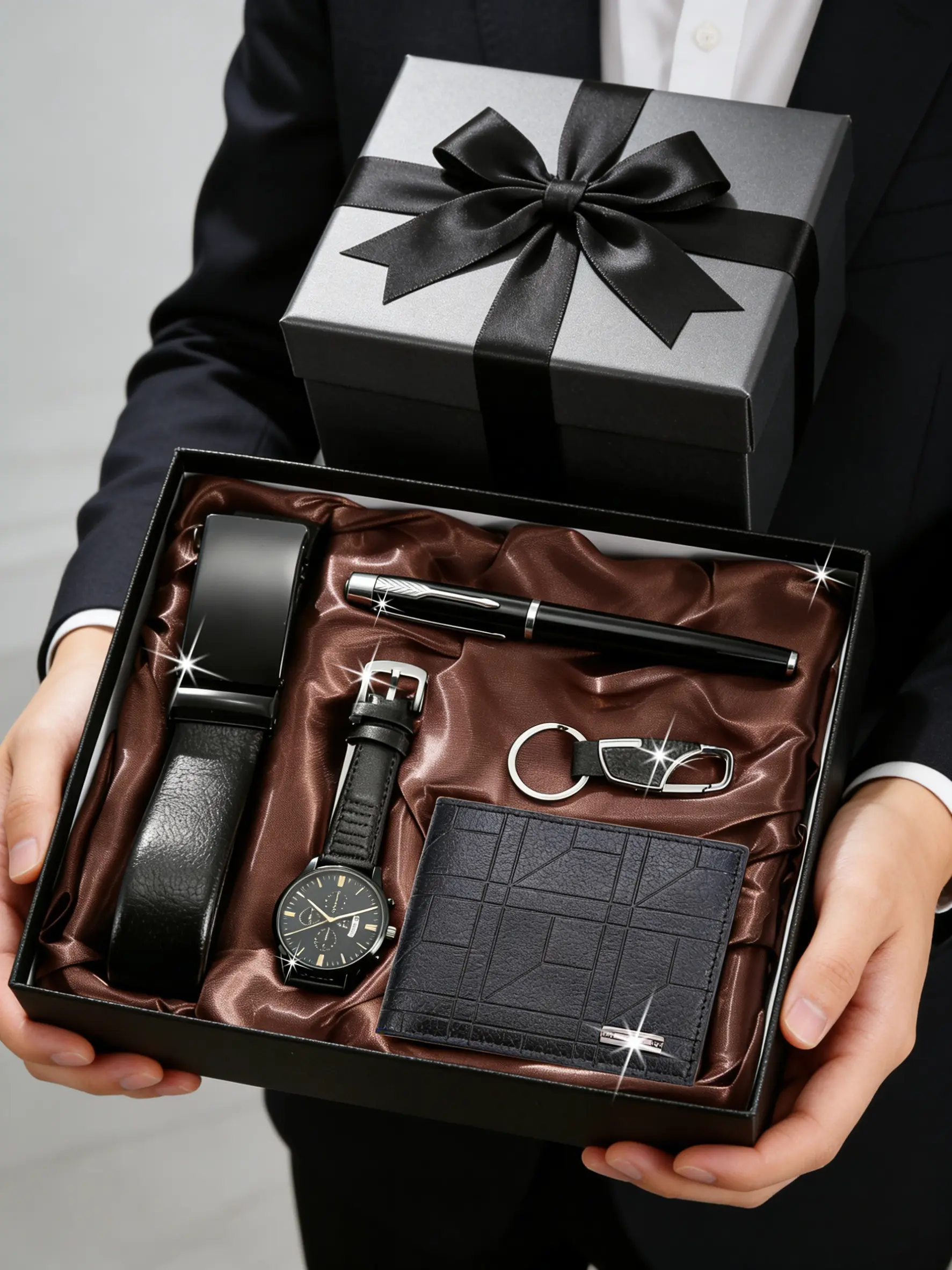 5pcs Business Men's Gift Set, Luxury Watch Strap Wallet Kit, Quartz Watch + Belt + Wallet + Pen + Keychain, Perfect Birthday Gift, Fathers Day Present, Dad Gifts