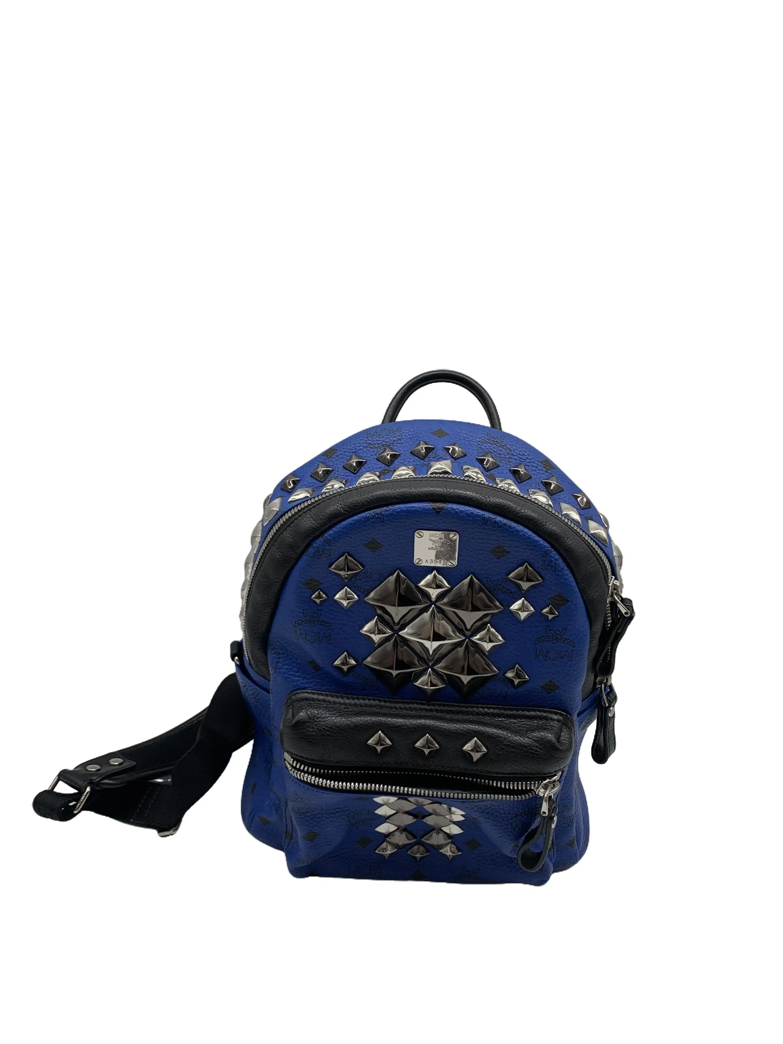 Pre-owned MCM Blue Visetos Printed Coated Canvas Studded Backpack/FYEE04623003/3003