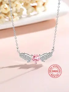 925 Sterling Silver Cute Heart & Wing Rhinestone Pendant Necklace, Adjustable Necklace for Women, Fashion Jewelry for Party, Daily Decor, Exquisite Jewelry for Gift