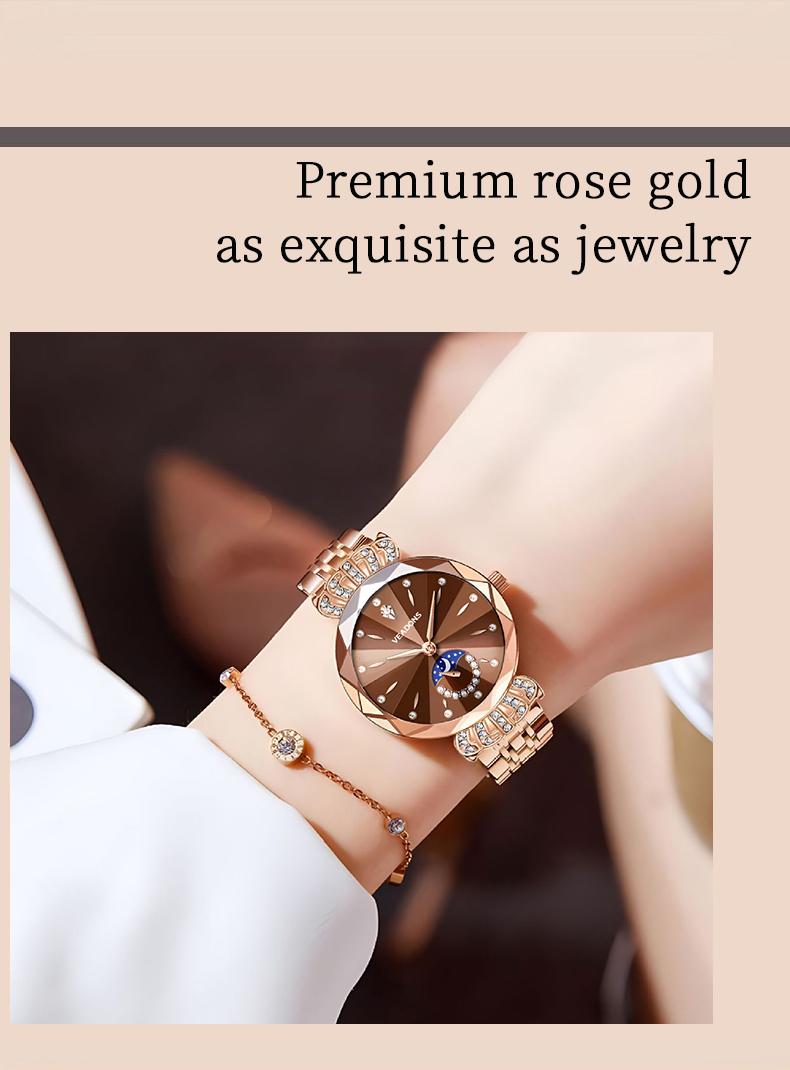 Ludmila Luxury Women's Jewelry Watch Diamond Cut Crystal Stainless Steel Waterproof Moon Star Sun Design Elegant Wristwatch Anniversary Gift for Her