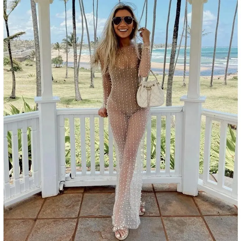 Yiiciovy Women's Bikini Cover-Ups Dress Ladies Long Sleeve Dress with Pearl Decoration See Through Mesh Sheer Pool Party Dresses