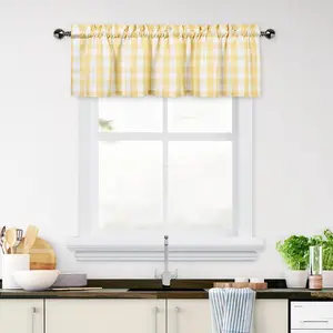 Gingham Buffalo Check Cafe Kitchen Curtain Valances, Plaid Design Thick Yarn Dyed Fabric Rod Pocket Valance Curtains for Bathroom, Living Room, 55" x 15", Yellow/White