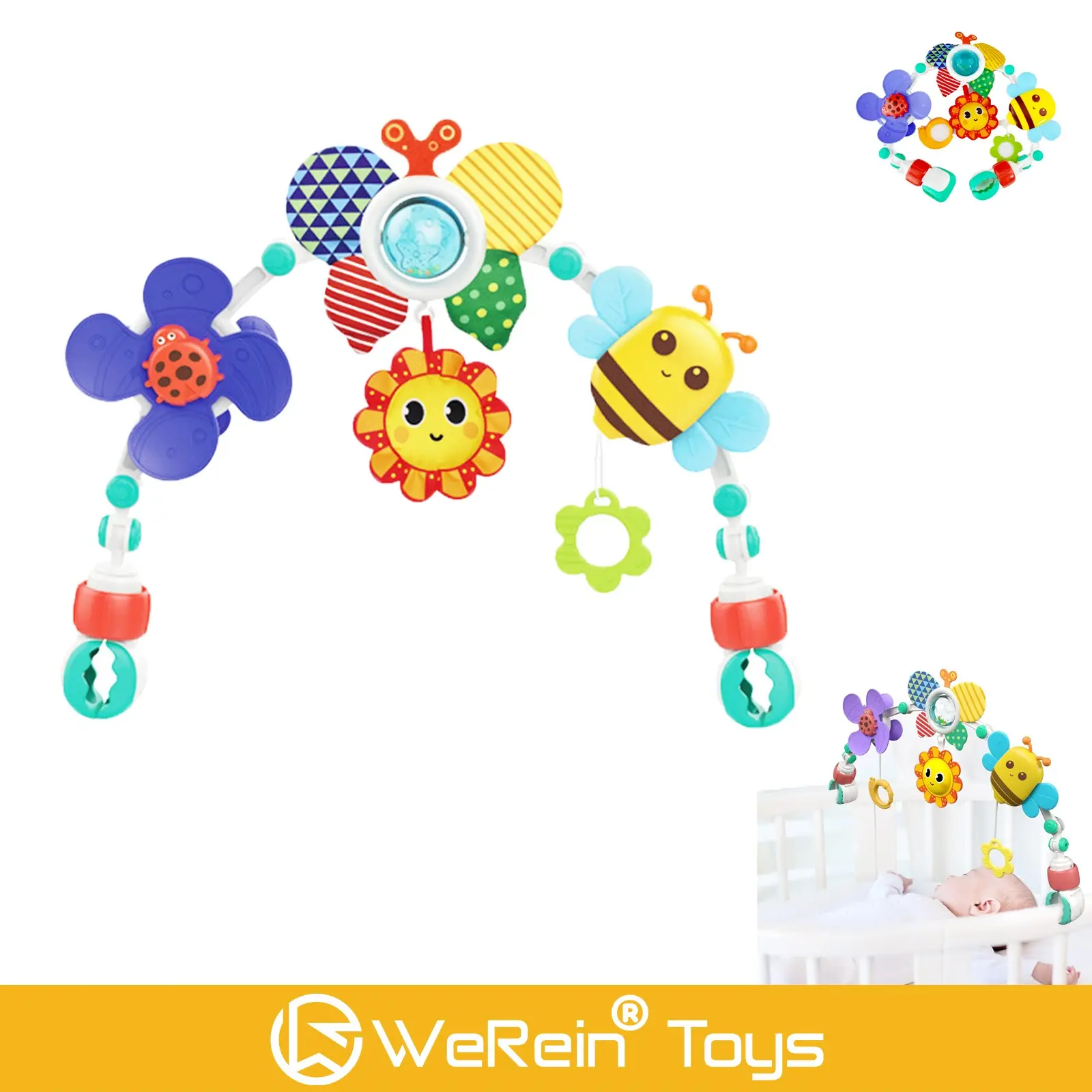 Ajustable Baby Activity Arch, Crib&Car Seat Handing Toy, Sensory Crib Mobile, Spiral Stroller Toy, Baby Hanging Rattle Mobile  Insect Theme Multi-Purpose Bed Hanging Adapter, Safe Seat Baby Rocker Crib Stroller Compatible
