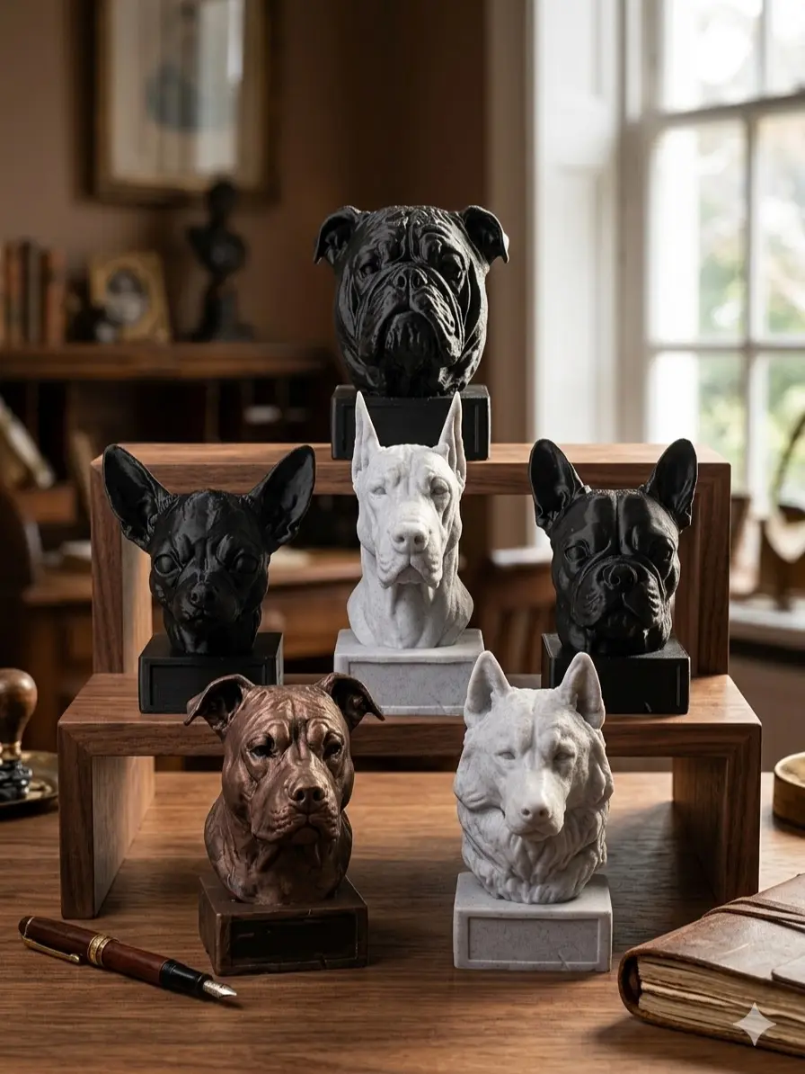 Custom Dog Bust Memorial - Multiple Breeds Available, 3 Color Options, Personalized with Pet's Name on the Base