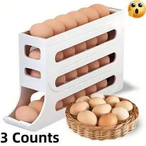 3 Counts Automatic 4-Tier Large Capacity 30-Egg Storage Box, Refrigerator Organizer with Rolling Egg Dispenser, Space-Saving Egg Holder