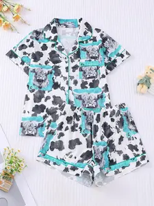 Women's Cow Print Pajama Set, Casual Homewear for Summer, Nightwear, short-sleeved shirt with turned collar and button top and loose elastic shorts, comfortable pajamas and loungewear for leisure outdoor home