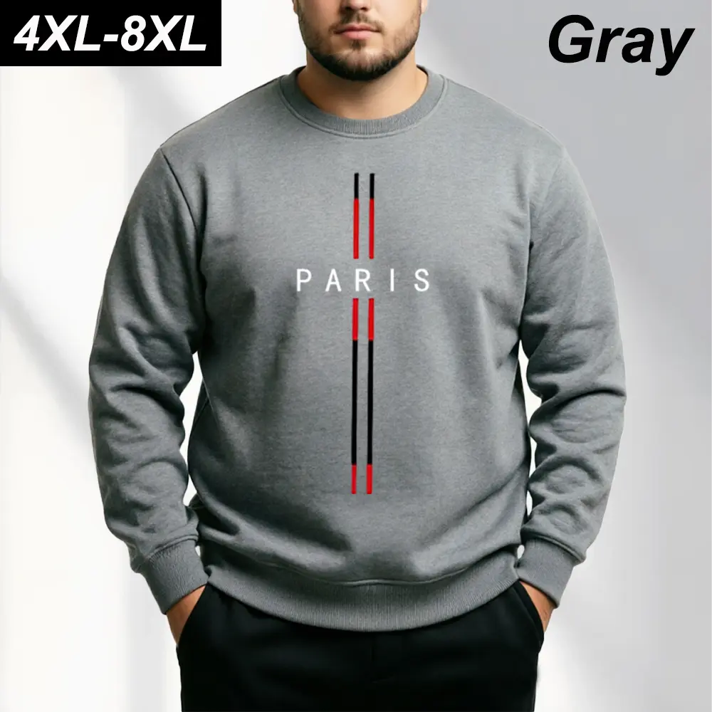 【4XL-8XL】Plus Size Men’s Crew Neck Long Sleeve Sweatshirt, comfortable and breathable loose fit with high stretch, ribbed cuffs and collar hem, suitable for home lounging, daily commuting, and outdoor walks